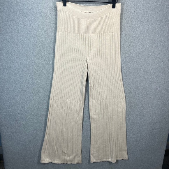 Free People Pants - Free People Ribbed Knit Pants‎ Women M Beige Wide Leg High Rise Stretch EUC